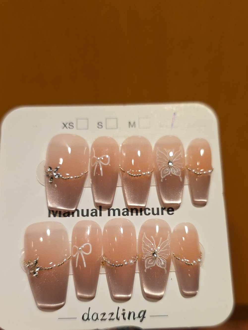 Dazzling Nude Pink Press-On Nails with Floral & Bow Accents Size Large